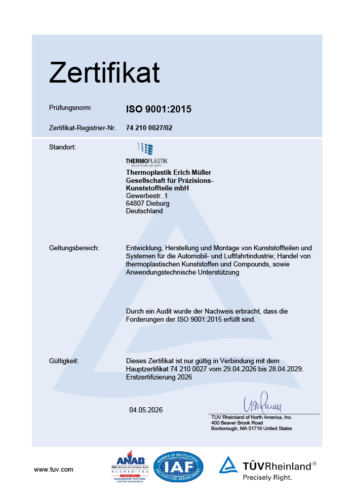 Ausschnitt des Zertifikats für Qualitätsmanagement nach ISO 9001:2015